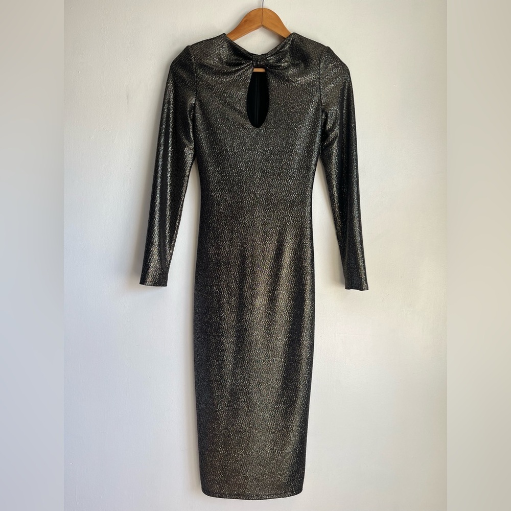 Dress the population dark gold Metallic log sleeve midi Dress Size XS NWOT